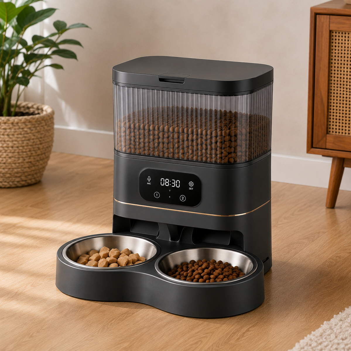 A black automatic pet feeder and water dispenser with two stainless steel bowls filled with dry kibble, placed on a wooden floor in a home setting with a plant and cabinet in the background.